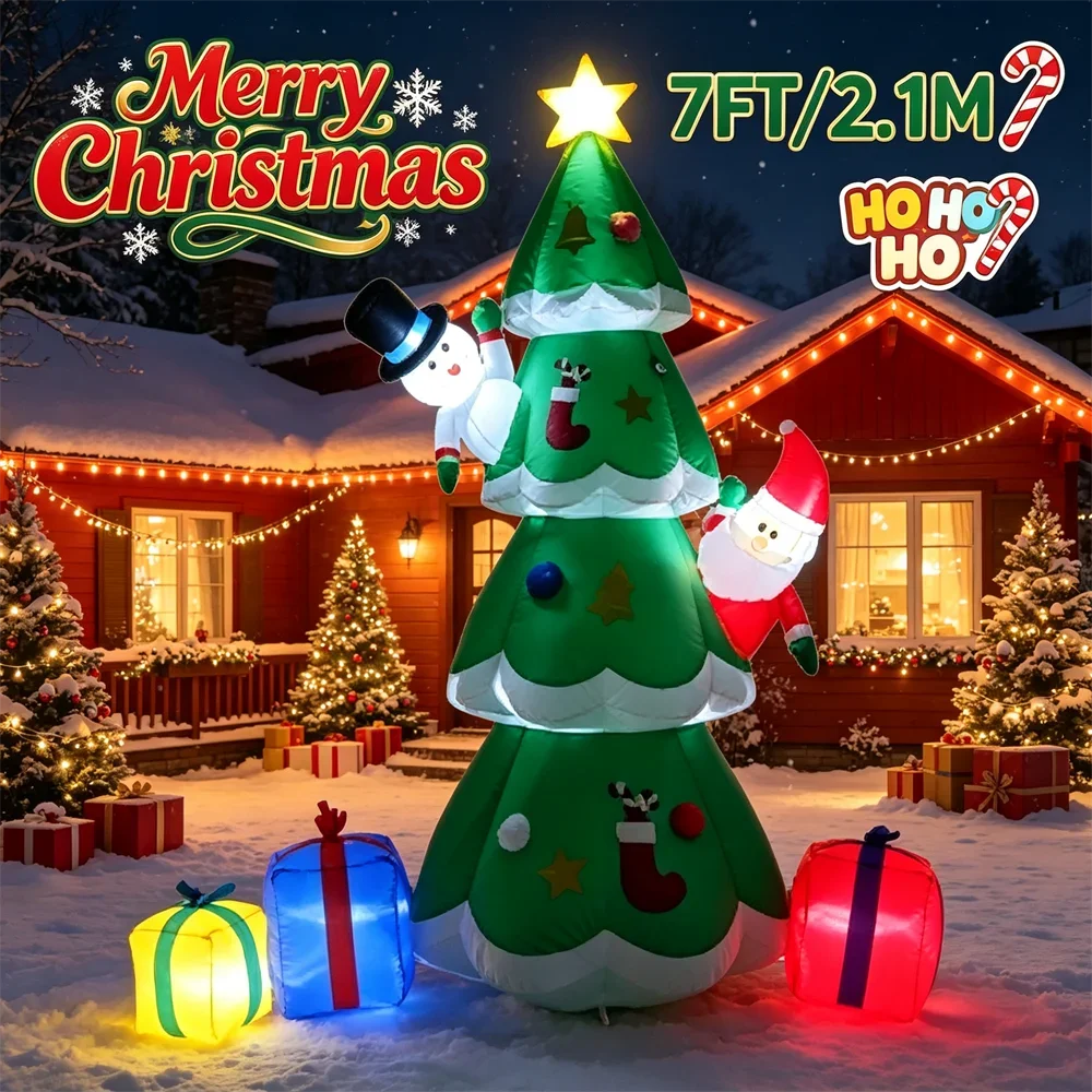 7FT Light Up Christmas Inflatable Model Giant Blow Up Christmas Tree with Santa Snowman and Gift Boxes LED Outdoor Yard Decor