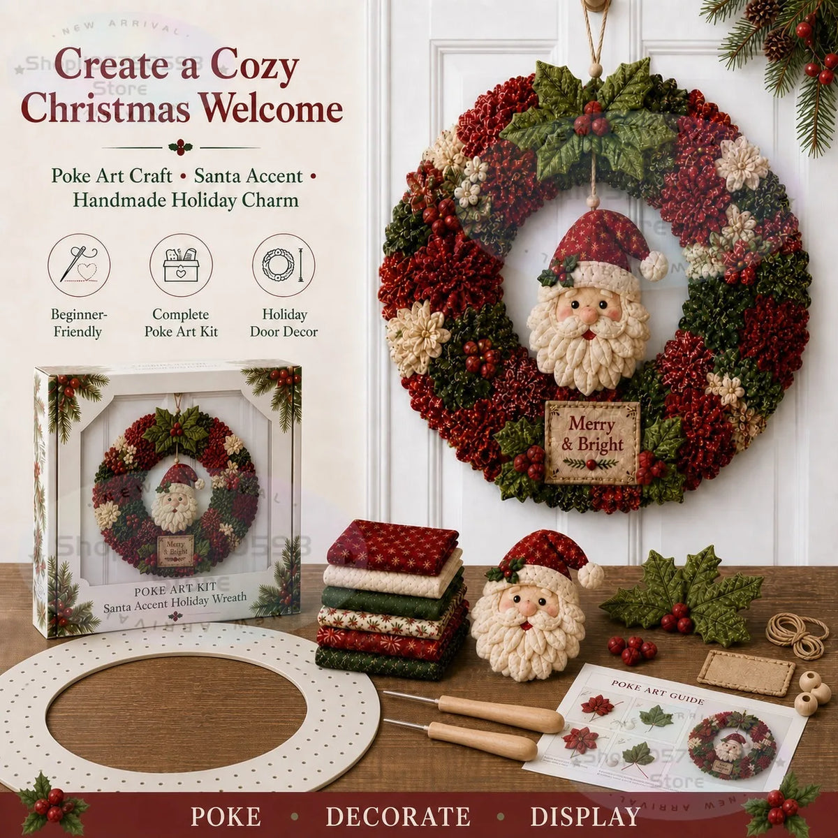 3D Fabric Poke Wreath DIY Kit, Christmas Wreath DIY Kit for Adults,3D Fabric Poke Art Craft Kit,Holiday Wreath Making Kit