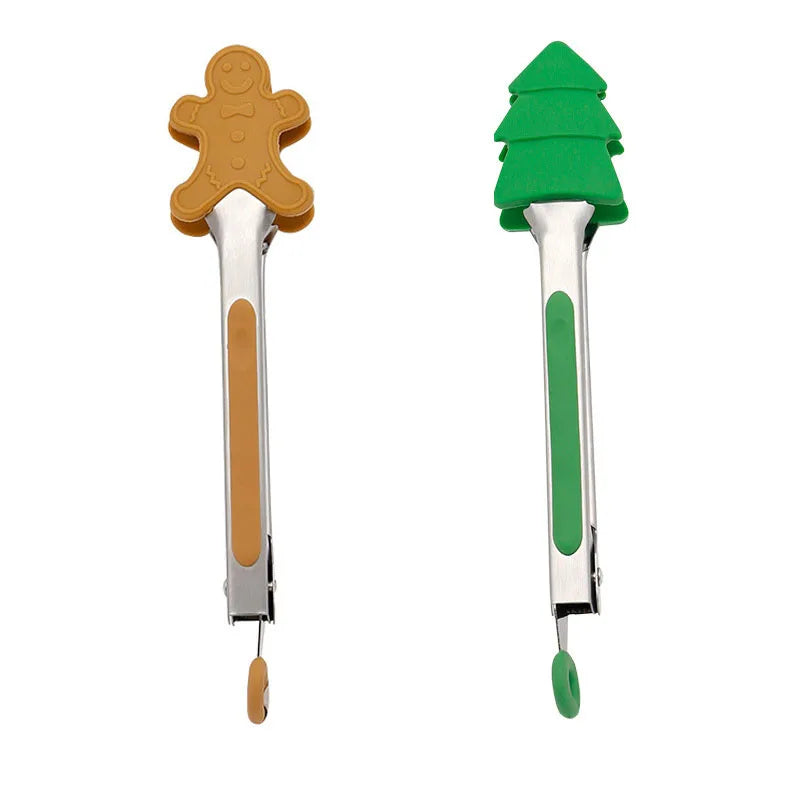 New Christmas Silicone Food Tong Gingerbread Man Snowman Xmas Tree Pattern Cooking Clip Steak Bread Clamp Kitchen BBQ Salad Tool