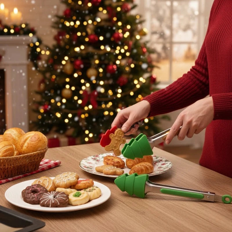 Stainless Steel Christmas Food Tongs Set with Silicone Gingerbread Man Snowman Christmas Tree for Cooking and Kitchen Use