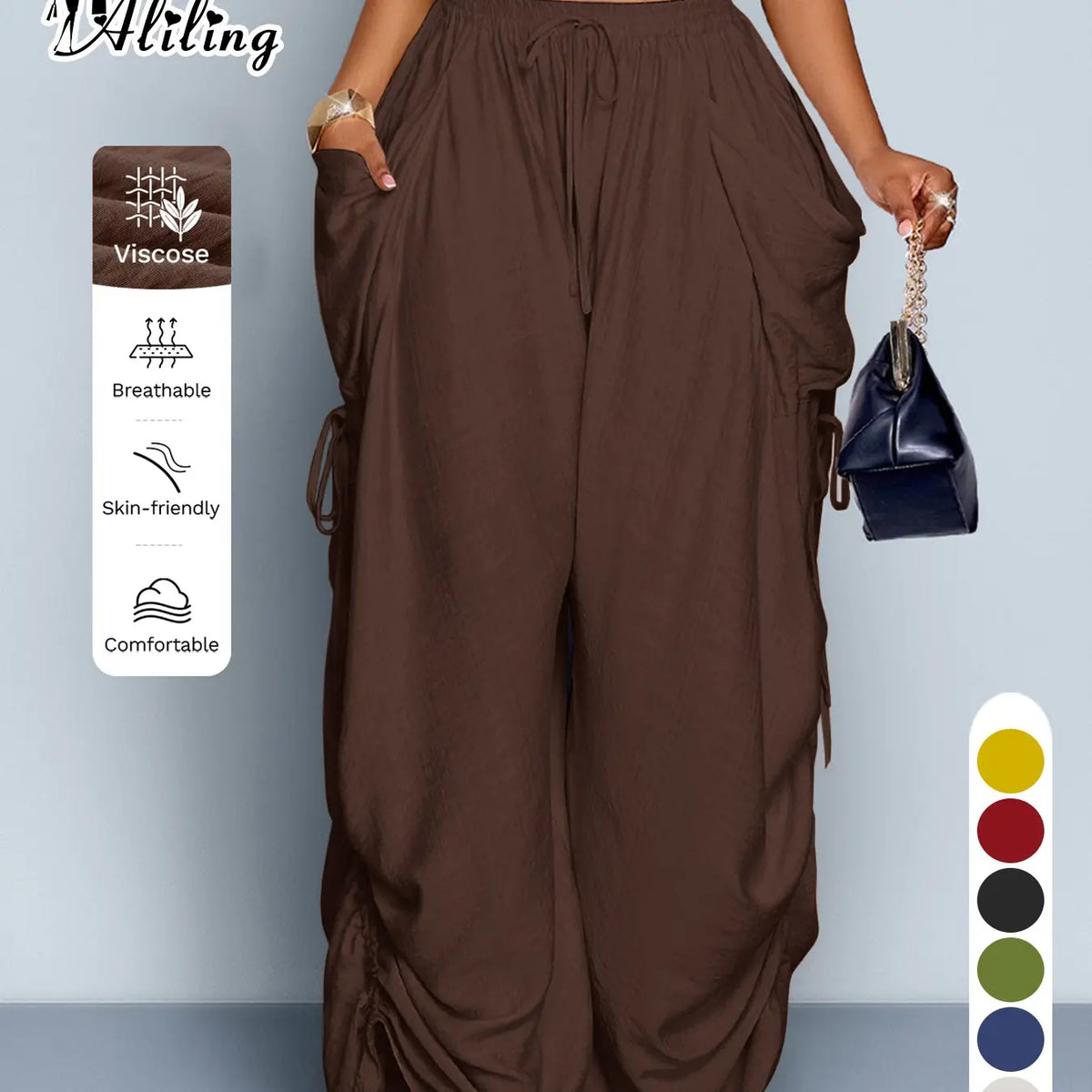 Women'S Casual Solid High Waist Wide Leg Pants, Side Drawstring Loose Long Pants, Large Pockets, All Seasons Fashion Office Wear Female Clothing Fit