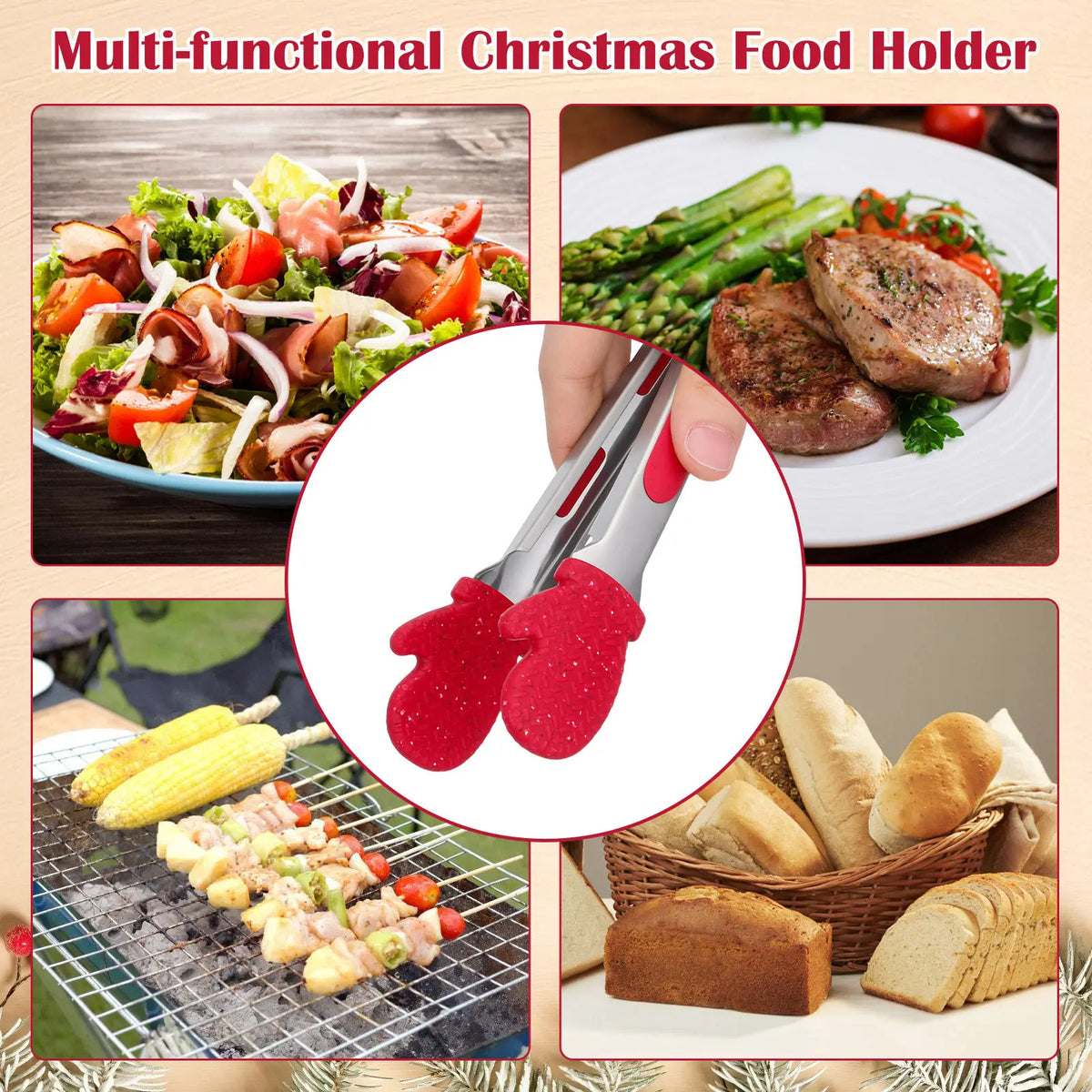 1Pcs Christmas Gloves Kitchen Food Tong Stainless Steel Bread Steak Clip Barbecue Clip Multipurpose Cooking Tool