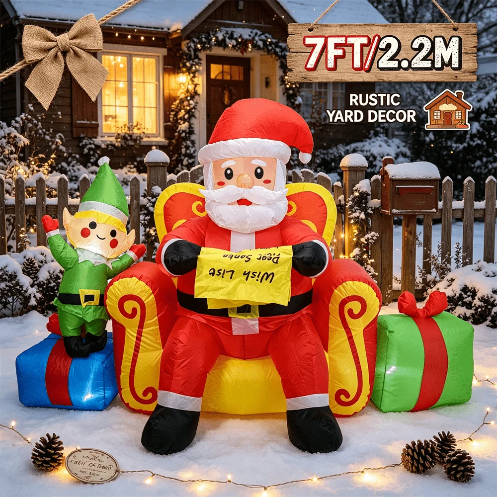 7FT Christmas Inflatable Toy LED Light Up Santa on Throne with Elf Wish List Inflatable Yard Decor Outdoor Lawn Xmas Decoration