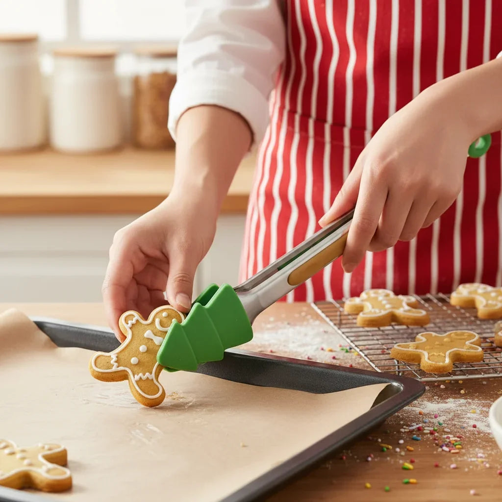 Stainless Steel Christmas Food Tongs Set with Silicone Gingerbread Man Snowman Christmas Tree for Cooking and Kitchen Use