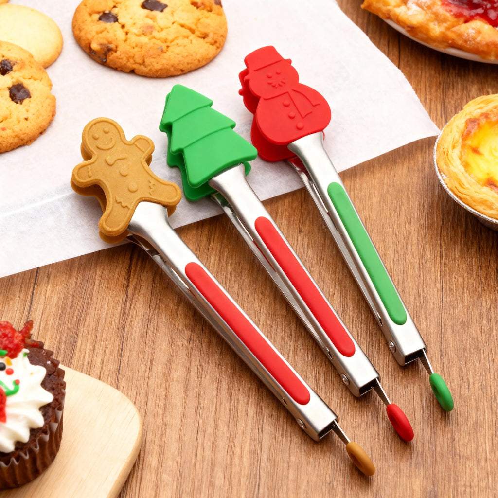 Stainless Steel Christmas Food Tongs Set with Silicone Gingerbread Man Snowman Christmas Tree for Cooking and Kitchen Use