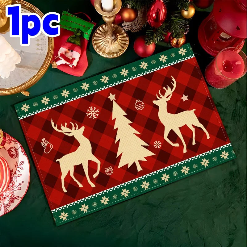 Christmas red Haig pattern linen meal printed rectangular table mat Christmas theme party western tableware mat