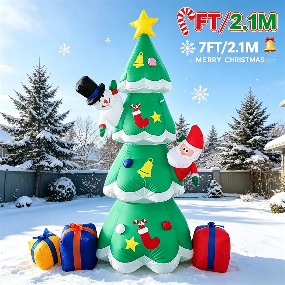 7FT Light Up Christmas Inflatable Model Giant Blow Up Christmas Tree with Santa Snowman and Gift Boxes LED Outdoor Yard Decor
