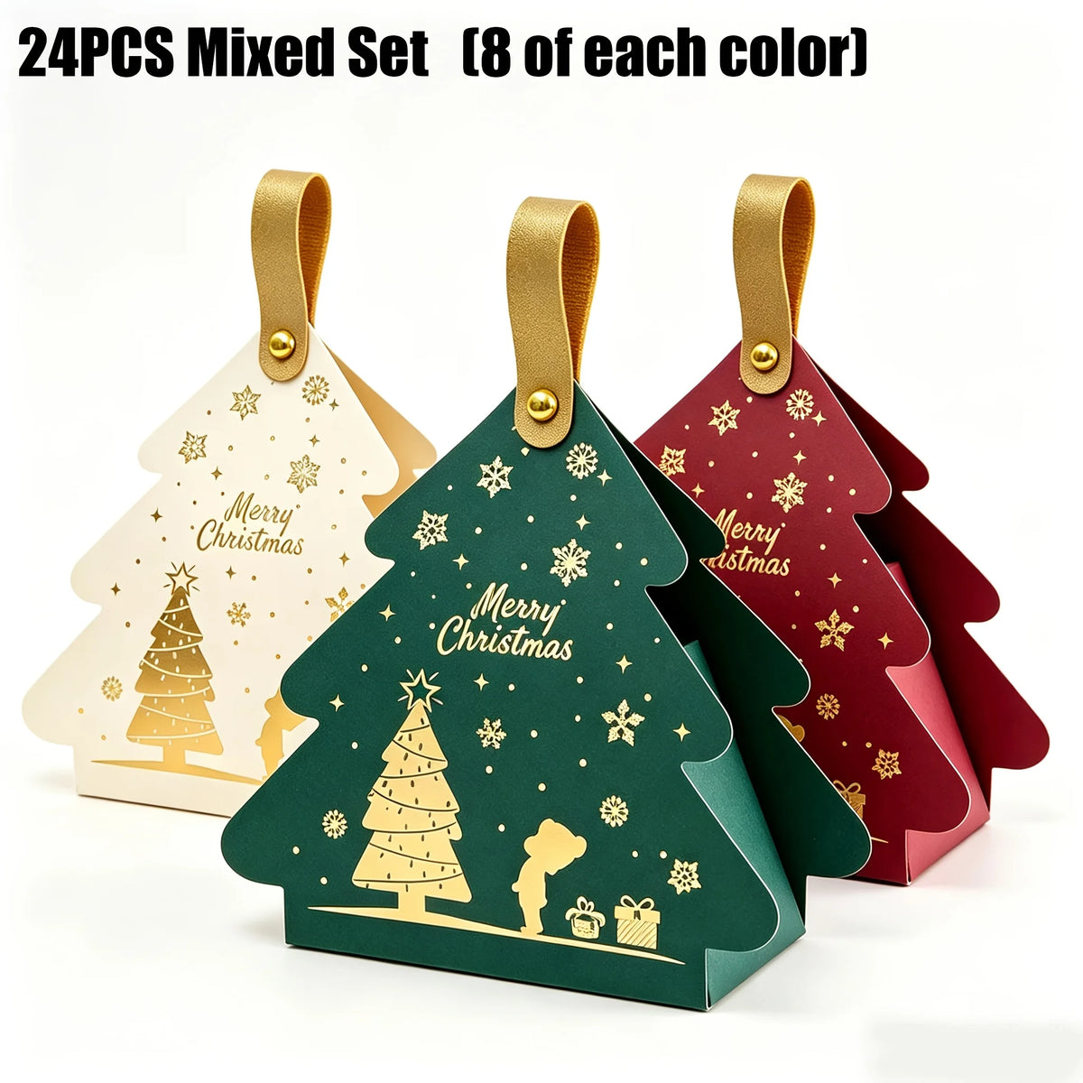 24Pcs Christmas Tree‑Shaped Paper Gift Boxes with Handles, Portable Small Boxes, Xmas Party Favors & Tree Decorations