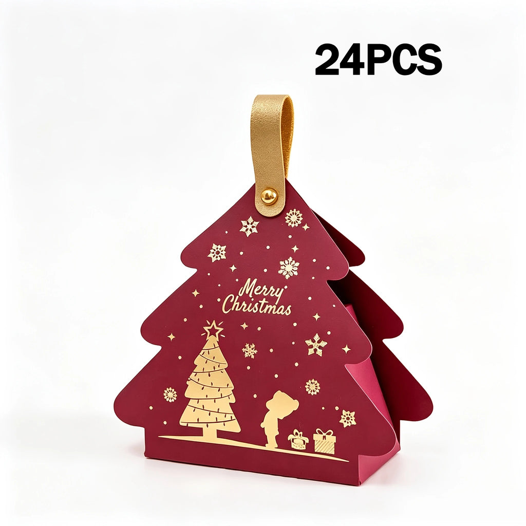 24Pcs Christmas Tree‑Shaped Paper Gift Boxes with Handles, Portable Small Boxes, Xmas Party Favors & Tree Decorations