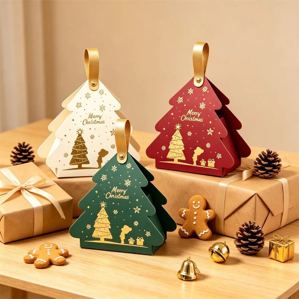 24Pcs Christmas Tree‑Shaped Paper Gift Boxes with Handles, Portable Small Boxes, Xmas Party Favors & Tree Decorations