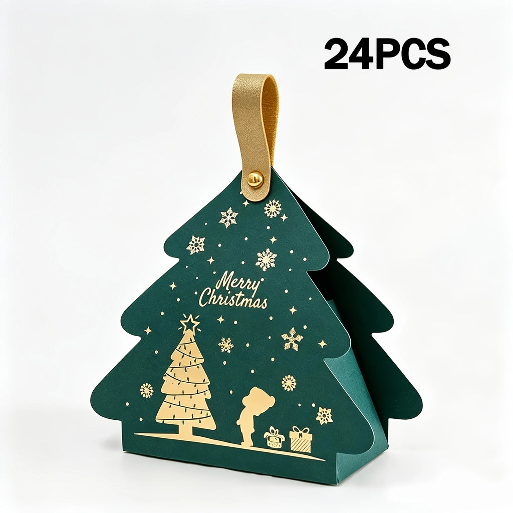 24Pcs Christmas Tree‑Shaped Paper Gift Boxes with Handles, Portable Small Boxes, Xmas Party Favors & Tree Decorations