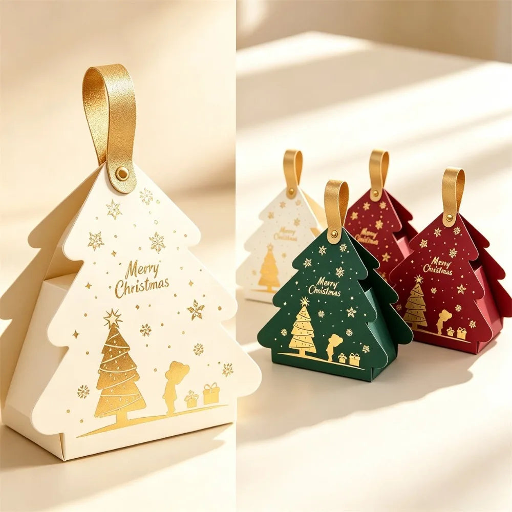 24Pcs Christmas Tree‑Shaped Paper Gift Boxes with Handles, Portable Small Boxes, Xmas Party Favors & Tree Decorations